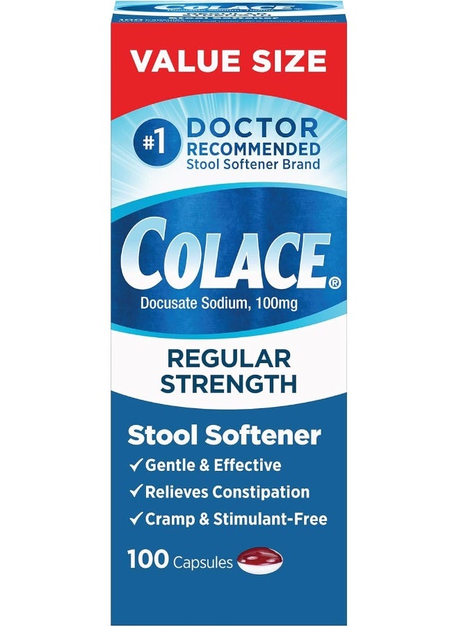 Colace Regular Strength Stool Softener 100 mg Capsules 100 Count Docusate Sodium Stimulant-Free for Gentle, Dependable Occasional Constipation Relief - Image 1
